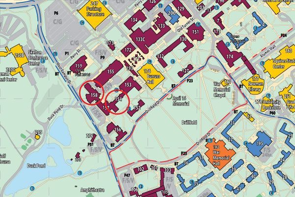  Map image showing locations of Robeson Hall and Hahn Hall North on the Virginia Tech Blacksburg campus.