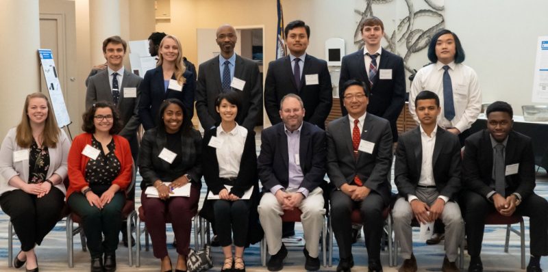 At the annual Virginia Space Consortium's Scholars and Fellows’ luncheon and poster session, Virginia Tech students were honored for their research. Also pictured Virginia Tech Professor Scott Bailey who provided the keynote address and Senior Vice President for Research and Innovation Dan Sui (fourth and third from right, seated). Photo courtesy of Brian Williamson.