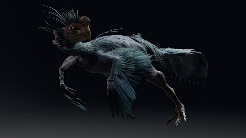 Artist illustration of dinosaur with beak and feathers.