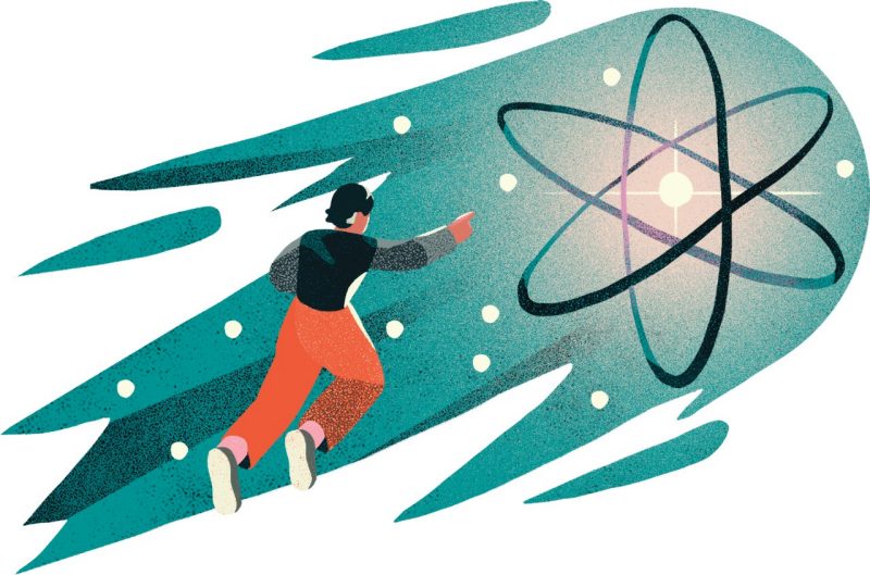 illustration of a figure pushing through space to a quantum atom.