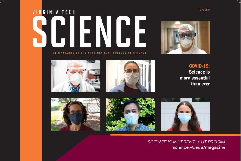 A preview of the 2020 Virginia Tech College of Science magazine cover. The image includes six photographs of Virginia faculty, all wearing masks, on a black background.