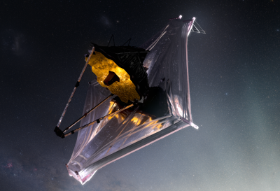 Artistic illustration of the James Webb Space Telescope hurtling through space. 