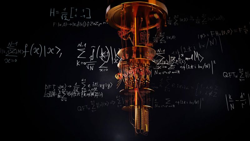 A artistic image with a golden quantum computer suspended in blackness with lots of equations floating around.