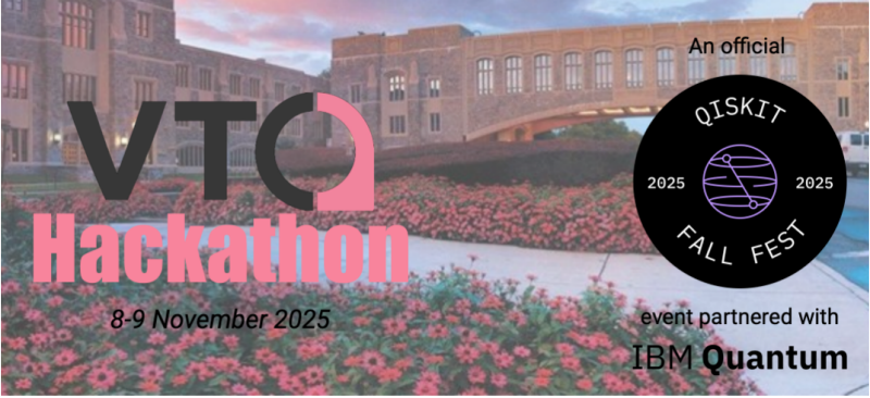 Image of the VTQ logo and IBM Quantum logo with a picture of alumni mall in the background.
