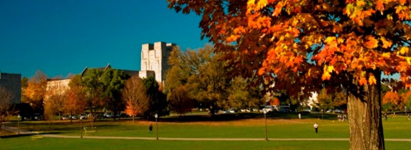 Burruss Hall; fall leaves